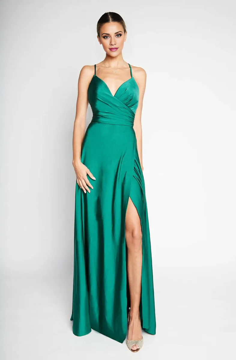 V-neck sleeveless thin shoulder strap backless side slit and floor length evening dress