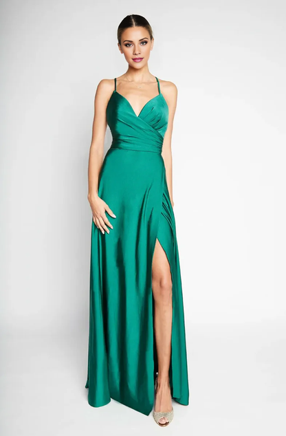 V-neck sleeveless thin shoulder strap backless side slit and floor length evening dress