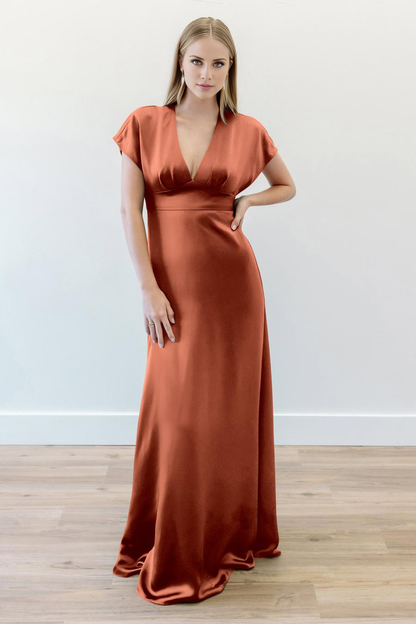 deep V-neck short sleeved back tie and floor length evening dress