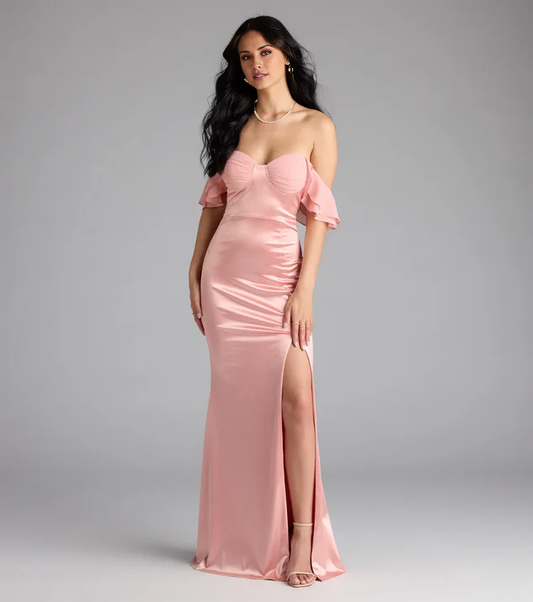 heart-shaped neckline satin side slit backless and floor length Prom dress