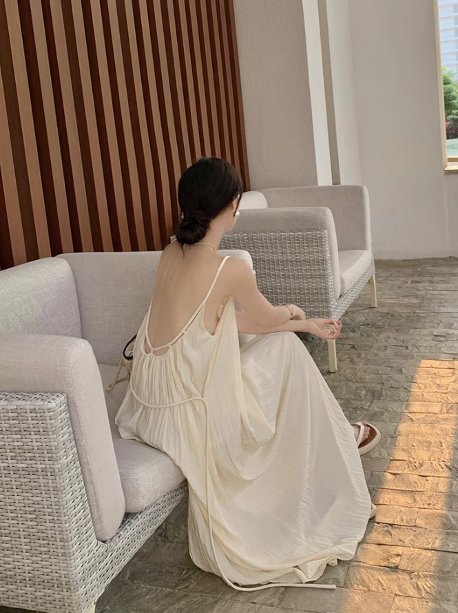 Beach vacation dress travel wear loose backless long suspender dress R0197