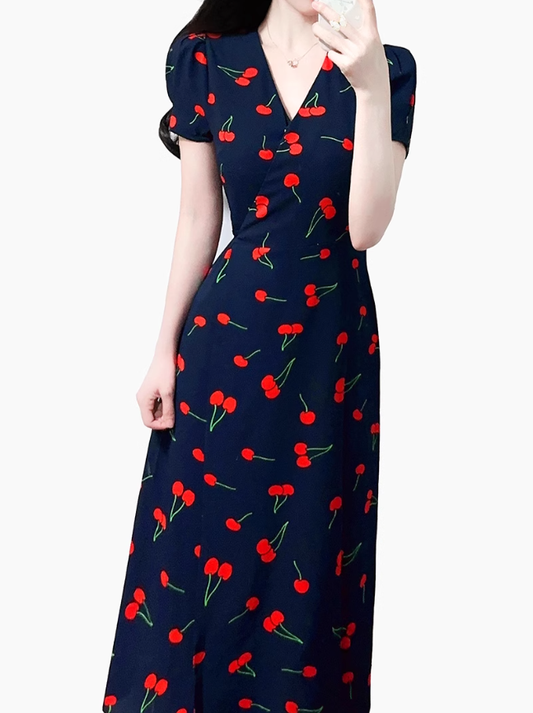 2025 Summer New Black V-neck Short Sleeve Cherry Print Wrap Long Dress R0920