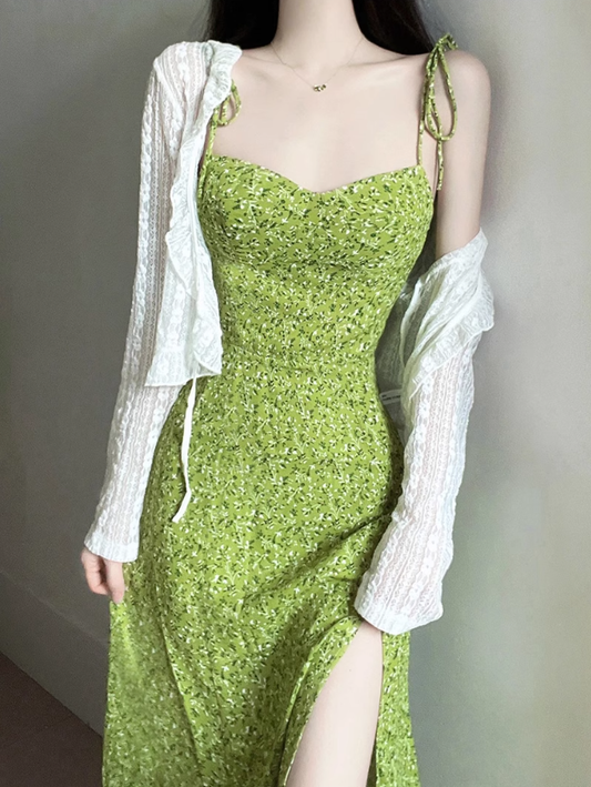 2025 Summer New Green Platycodon Floral Seaside Vacation Wear Suspender Dress R0902