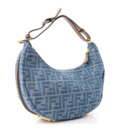Denim Vitello Grace Mirror Logo Small Fendigraphy Hobo Bag Denim Sand