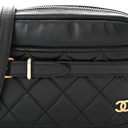 Lambskin Quilted Small Buckle Camera Case Bag Black