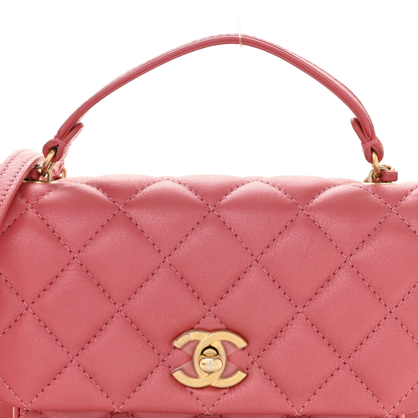 Metallic Calfskin Quilted Top Handle Flap Dark Pink