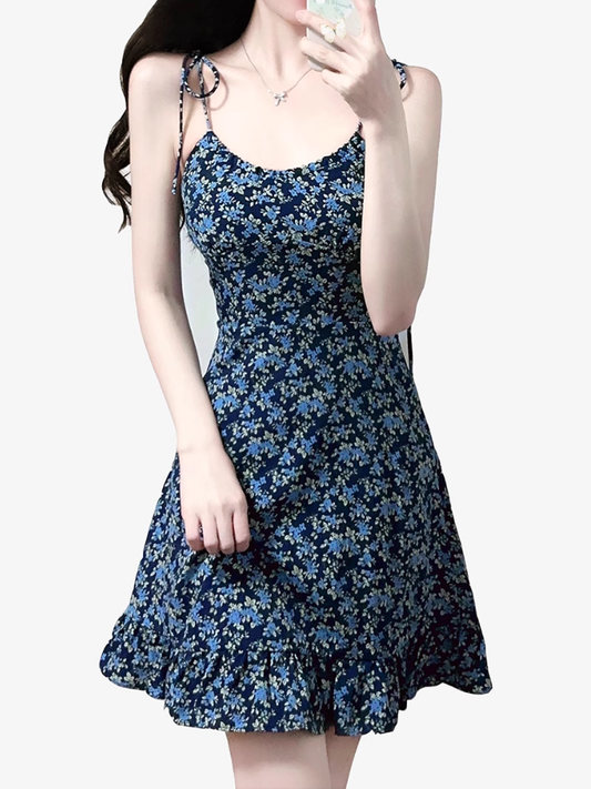 2025 Summer New Blue Floral Vacation Petite Short A-line Suspender Dress R0935