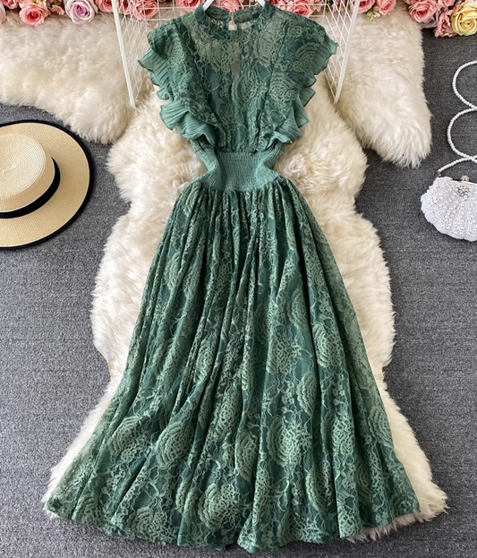 Lace round neck dress long sleeves fashionable slim fit elegant ruffled long skirt dress skirt R0396