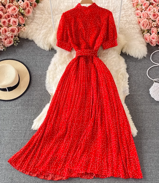 2025 Puff Sleeve Lapel Pleated Polka Dot Dress Waist Slimming Long Swing Dress Short Sleeve R0382