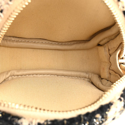 Tweed Shearling Round Clutch With Chain and Coin Purse Beige Black