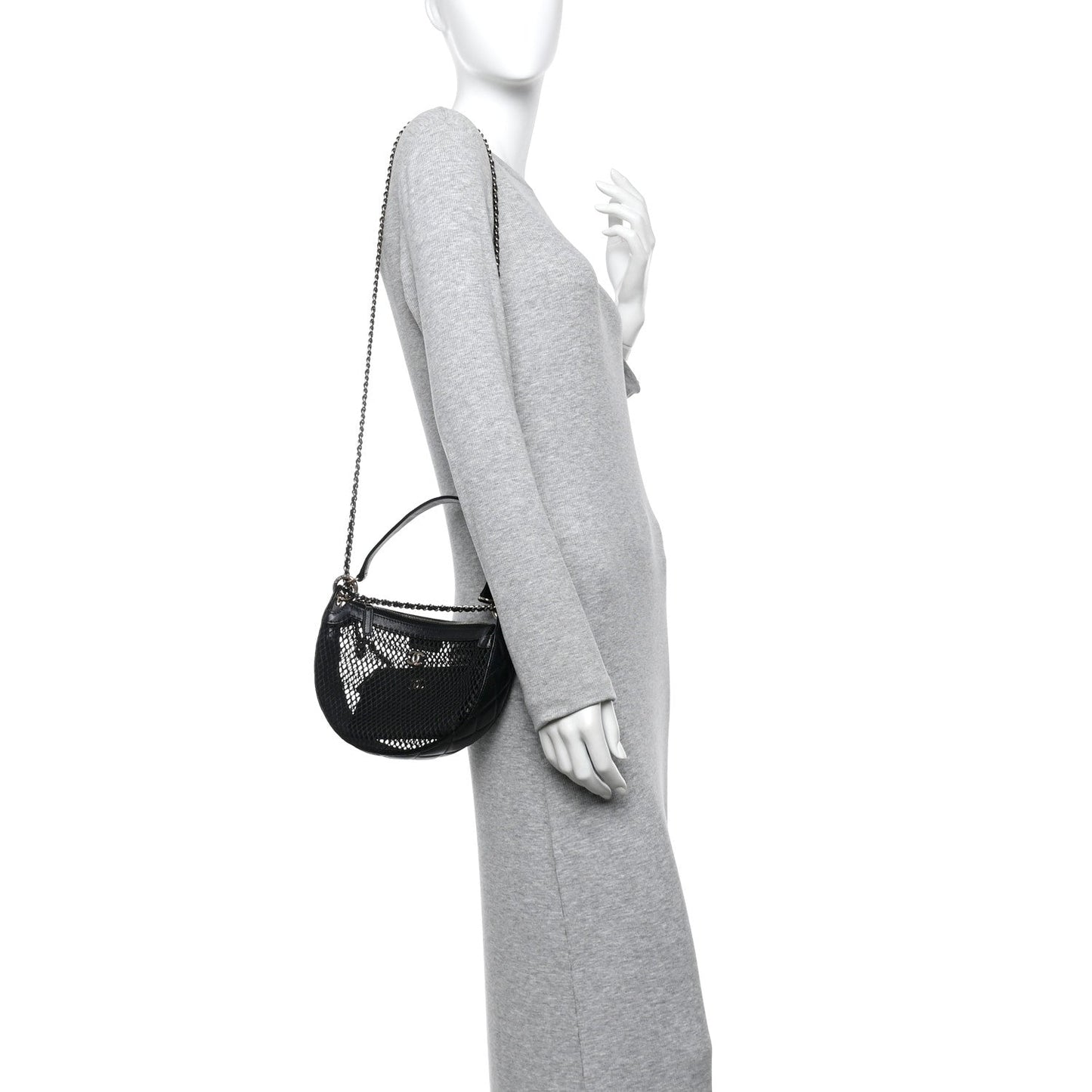 Mesh Shiny Lambskin Chain Hobo Black