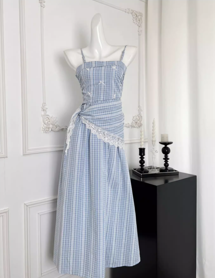 Blue plaid lace slim high-end detachable suspender tube top long dress R0298