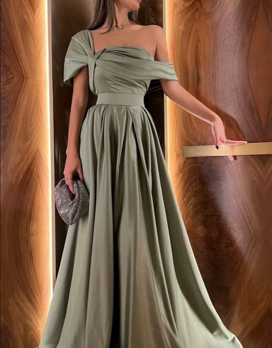 A Line Off Shoulder Sage Green Prom Dress Evening Formal Party Gowns