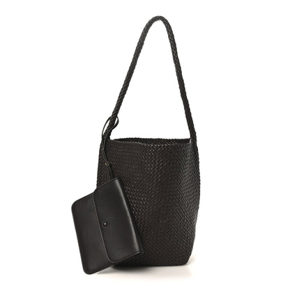 Woven Calfskin Medium N/S Tote Bag Dark Brown