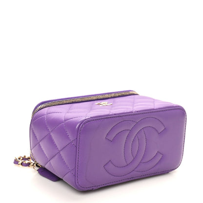 Lambskin Quilted Small Top Handle Vanity Case With Chain Purple