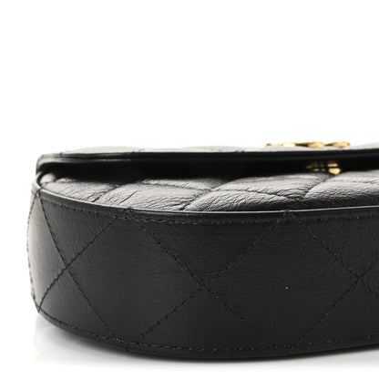 Shiny Aged Calfskin Quilted Flap Phone Holder With Chain Black