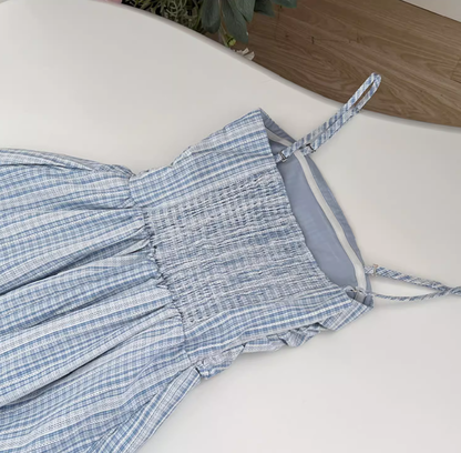Blue plaid lace slim high-end detachable suspender tube top long dress R0298