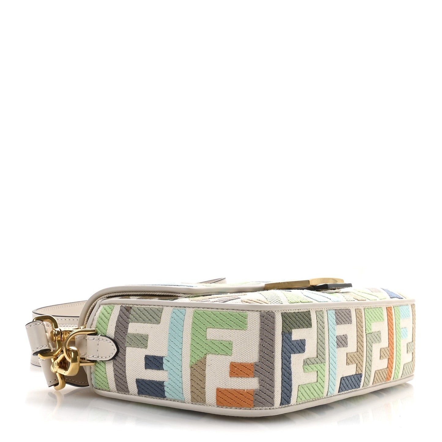 Canvas Vitello Seta FF Multicolor Embroidered Baguette Grezzo Multicolor Latte