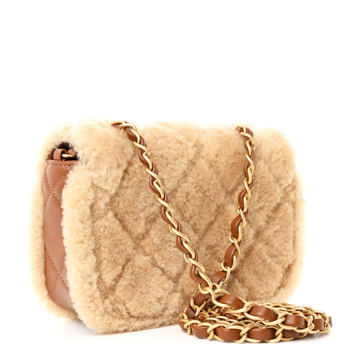 Shearling Lambskin Quilted Mini Furry Coco Flap Beige Brown