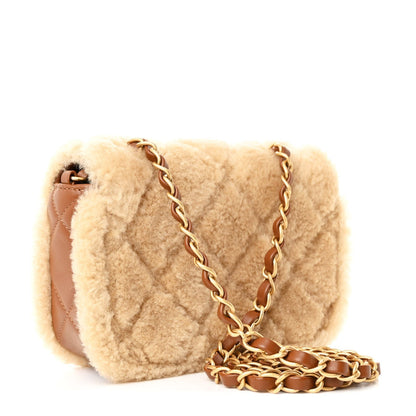 Shearling Lambskin Quilted Mini Furry Coco Flap Beige Brown
