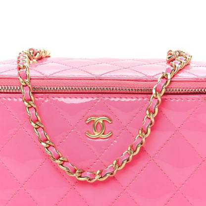 Patent Quilted Pearl Crush Small Vanity Case With Chain Neon Pink