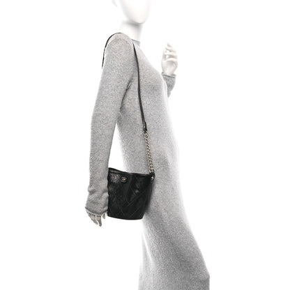 Crumpled Calfskin Quilted Chain Drawstring Bucket Bag Black