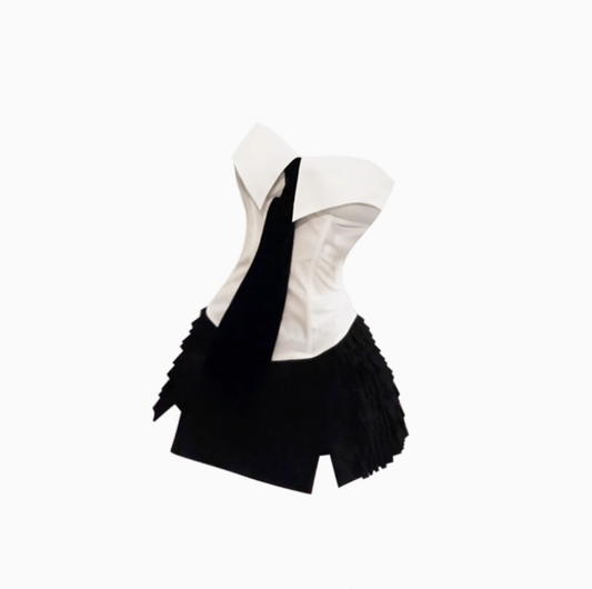 2025 Gold Lapel Fishbone Tube Top Side Slit Pleated Skirt Set R1221