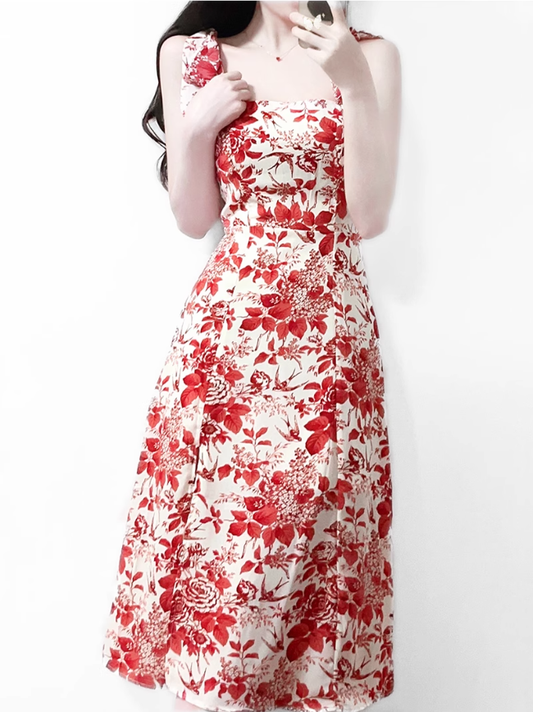 2025 Summer New Romantic Red Floral Waist Tie Holiday Suspender Dress R0922