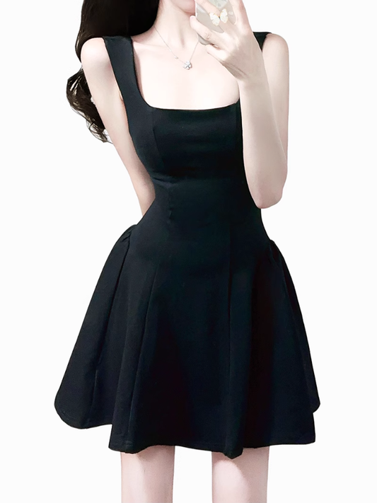 2025 Summer New French Black Dress Square Neck Waist Short Dress R0925