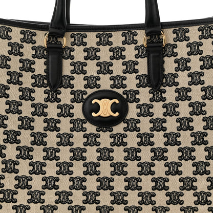 Canvas Calfskin Triomphe Embroidered Horizontal Cabas Black