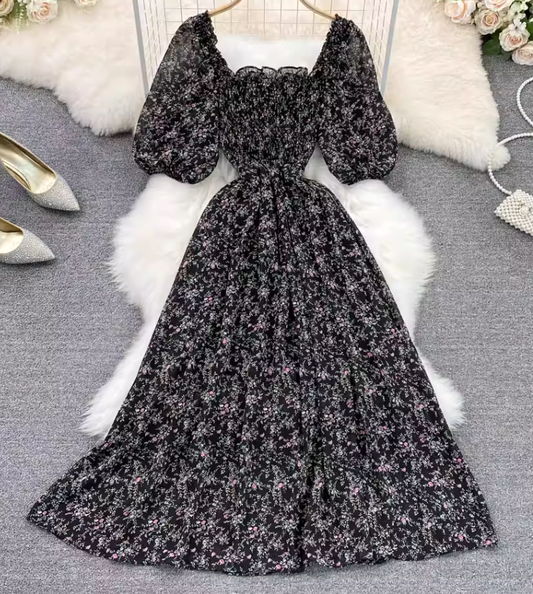 2025 new first love skirt square neck floral chiffon skirt tea break forest platycodon skirt a-line dress R0339
