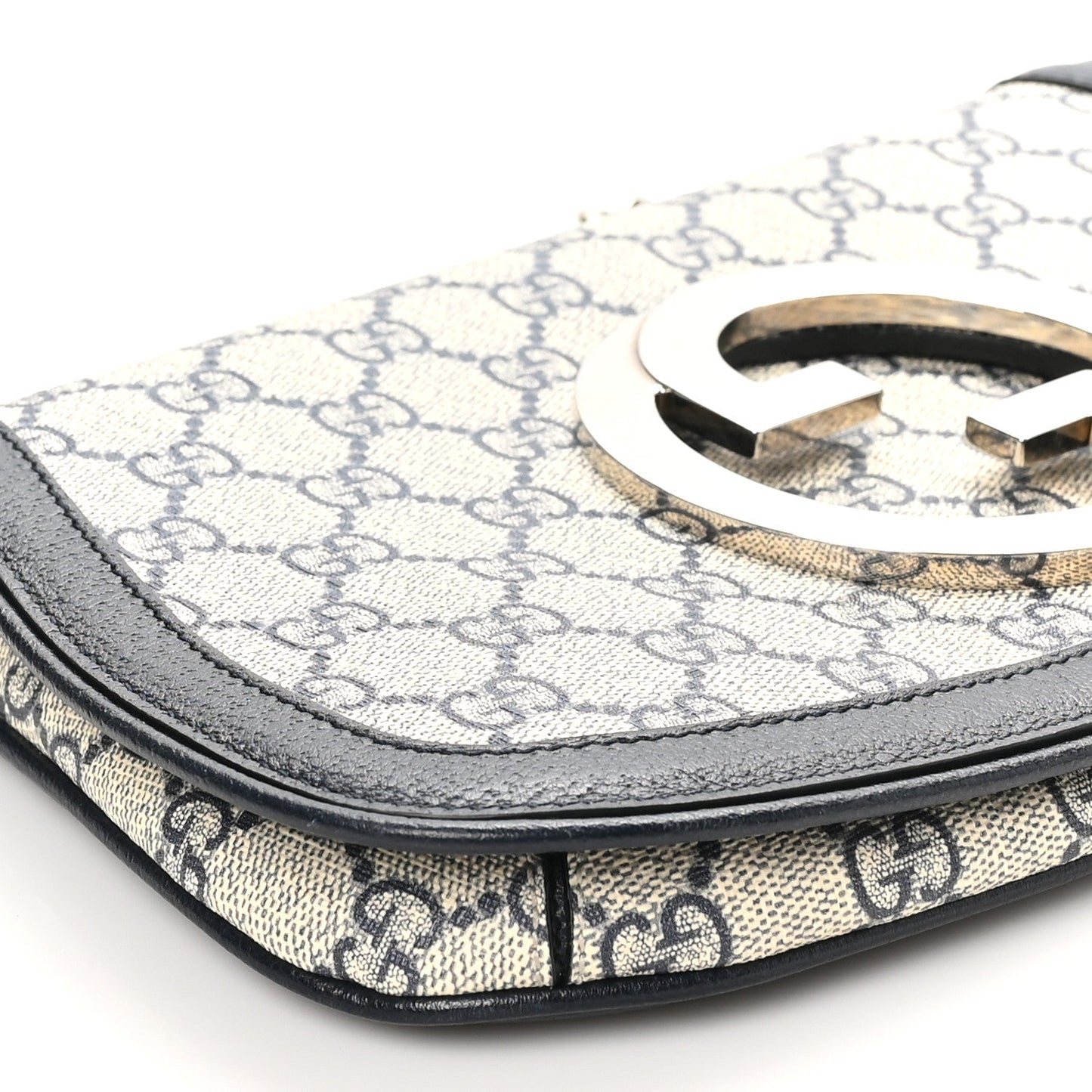 GG Supreme Monogram Textured Dollar Calfskin Blondie Chain Shoulder Flap Bag Beige Blue