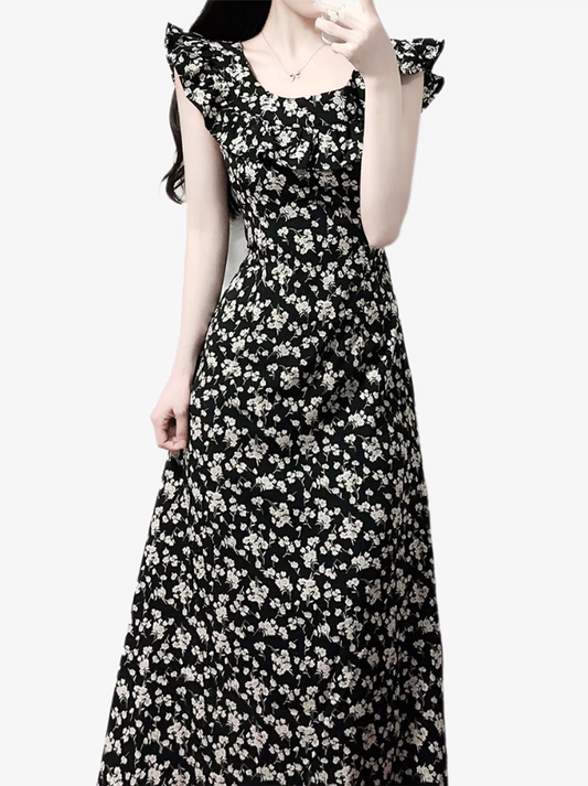 2025 Summer New French Black Floral Ruffled Medium Length Square Neck Dress R0914