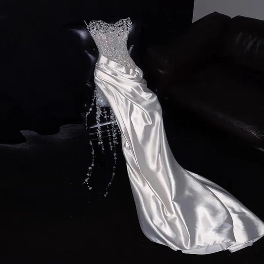Ivory Beaded Long Prom Dress Sexy Evening Party Gown Birthday Dress
