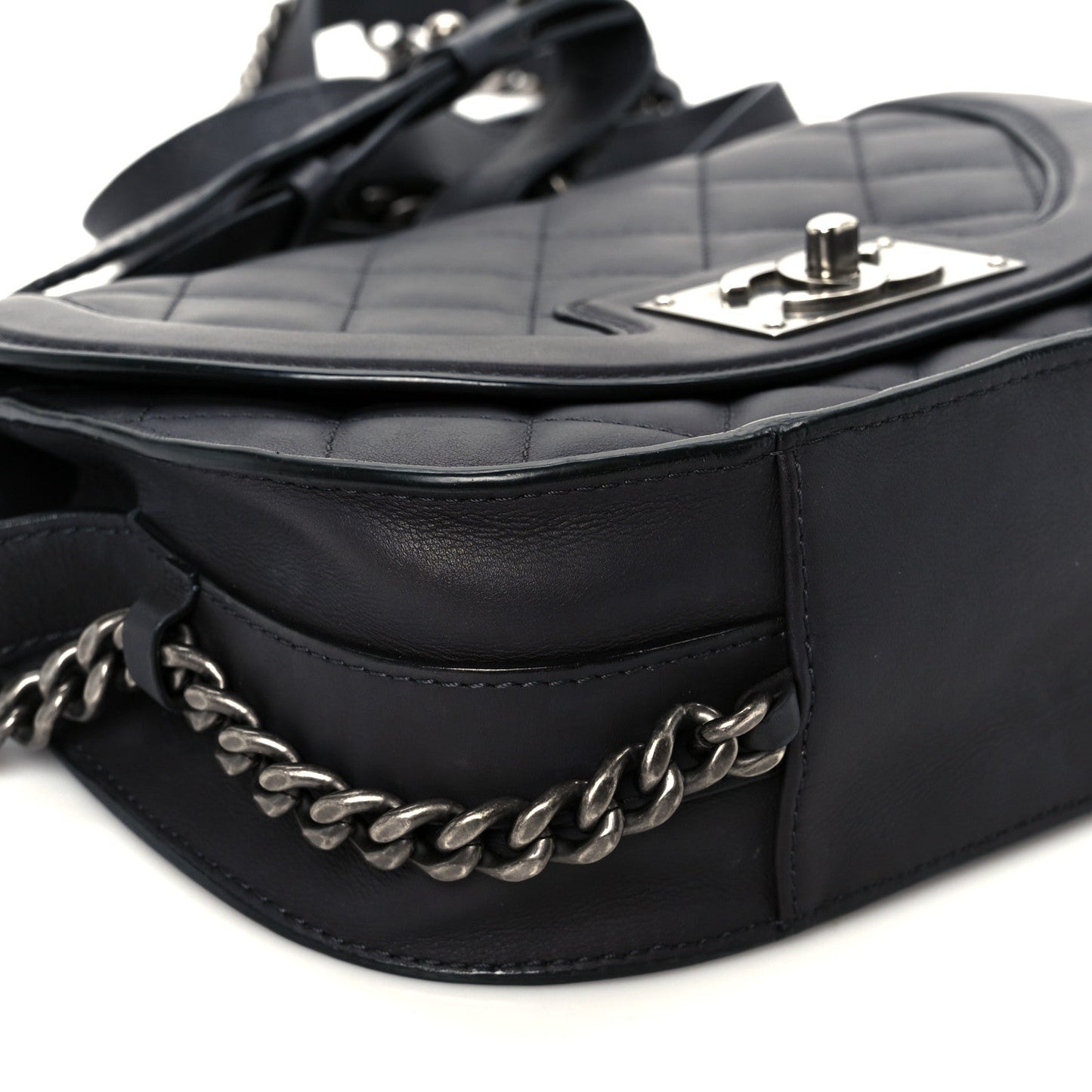Shiny Goatskin Quilted Small Double Chained Messenger Flap Black