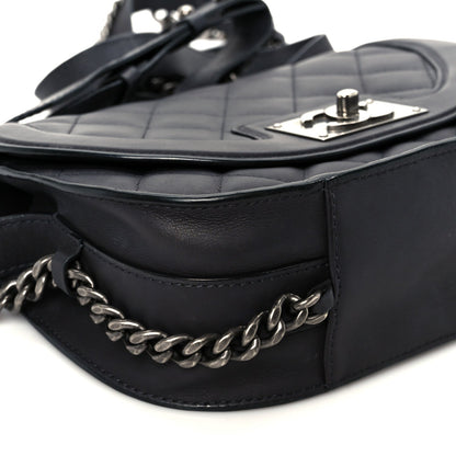 Shiny Goatskin Quilted Small Double Chained Messenger Flap Black