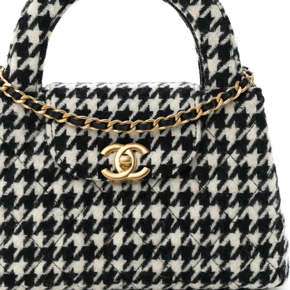 Tweed Houndstooth Quilted Nano Kelly Shopper Black White