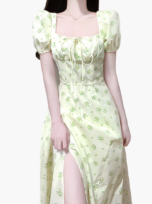 2025 Summer New French Square Neck Puff Sleeve Small Fresh Floral Long Dress R0958