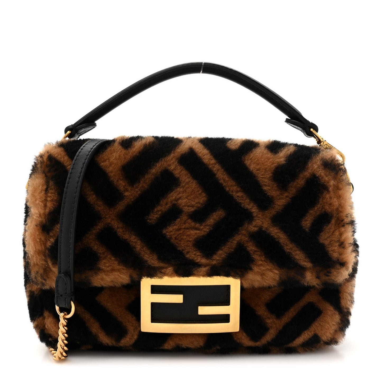 Shearling Vitello Dolce Macro FF 1974 Mini Baguette Tobacco Black