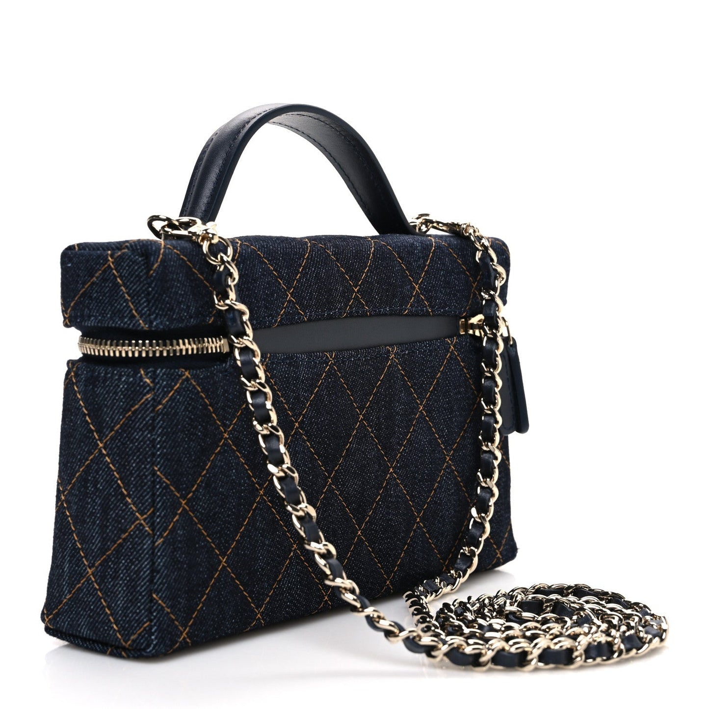 Denim Quilted Top Handle Slim Vanity Case With Chain Dark Blue Orange