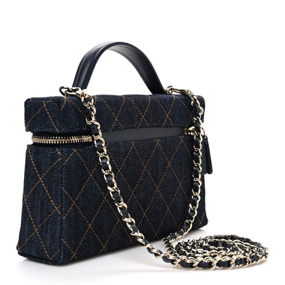 Denim Quilted Top Handle Slim Vanity Case With Chain Dark Blue Orange