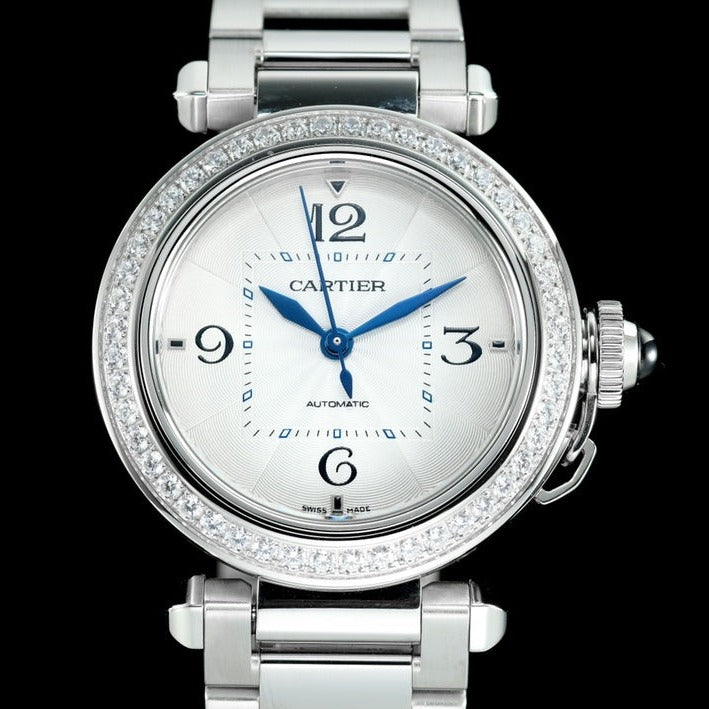 pasha 35mm automatic steel white dial diamond bezel