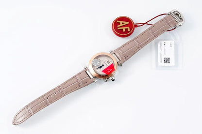 pasha 30mm quartz pink gold white dial light brown leather