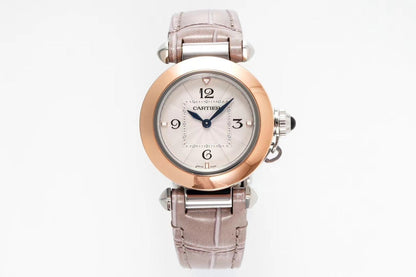 pasha 30mm quartz pink gold white dial light brown leather