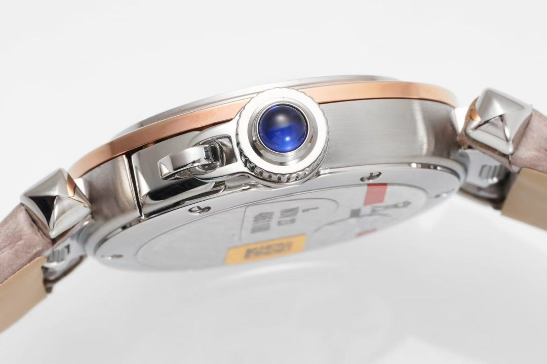 pasha 30mm quartz pink gold white dial light brown leather