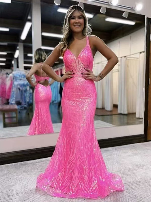 -Sheath/Column V-neck Sleeveless Sweep/Brush Prom Dresses
