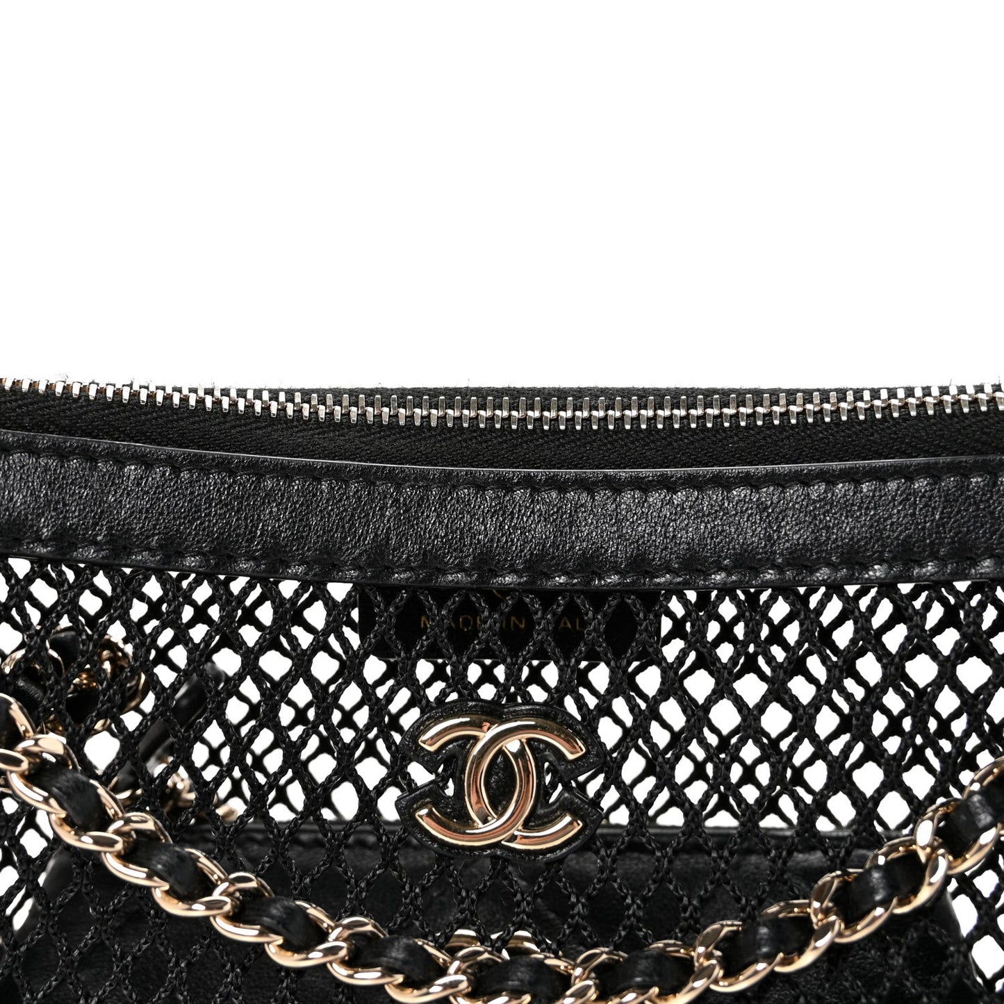 Mesh Shiny Lambskin Chain Hobo Black
