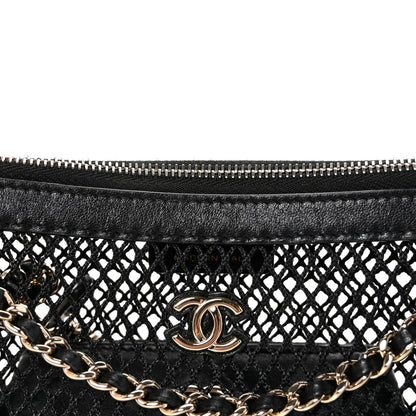 Mesh Shiny Lambskin Chain Hobo Black