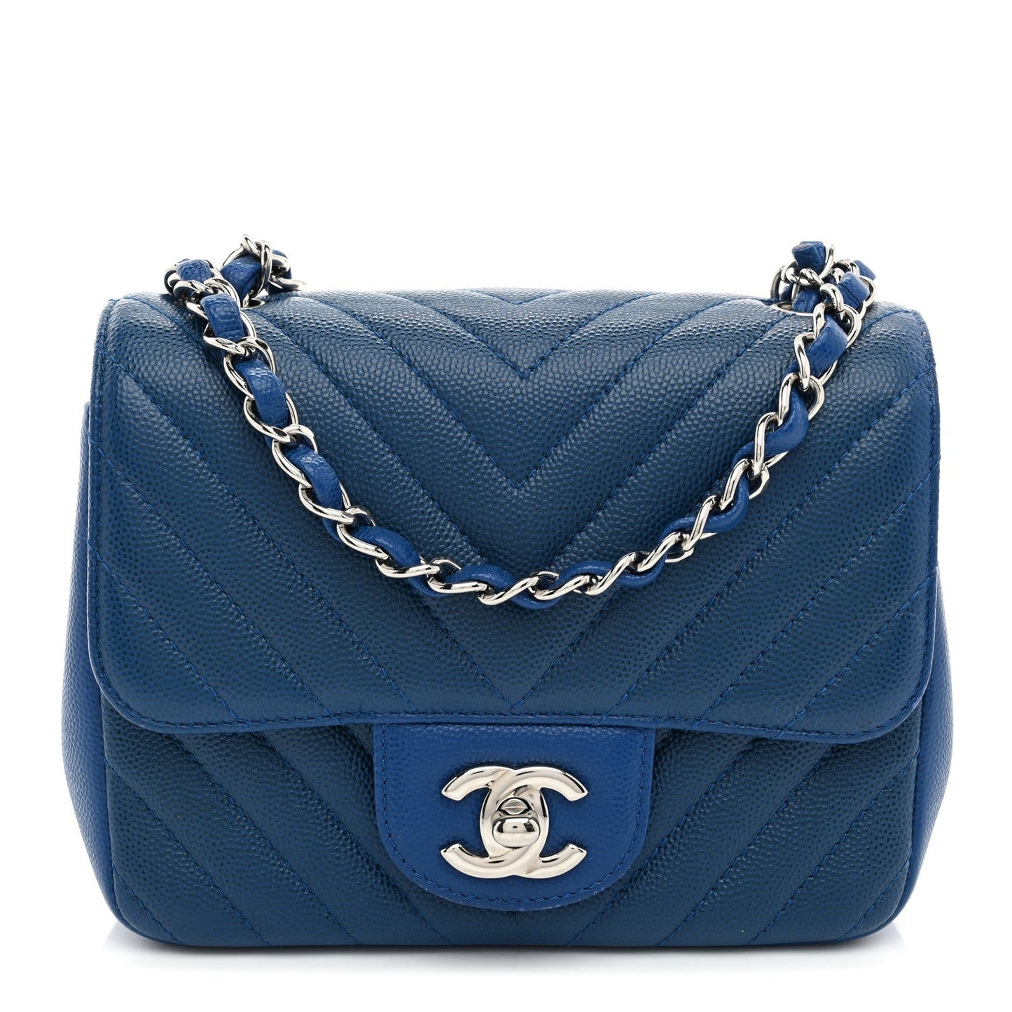 Caviar Chevron Quilted Mini Square Flap Blue