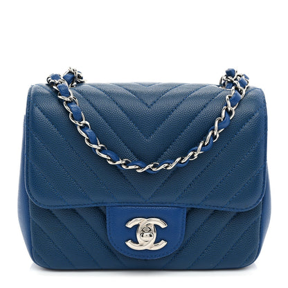 Caviar Chevron Quilted Mini Square Flap Blue